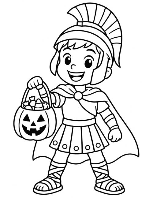 Coloring page of a trick or treater dressed as Odysseus