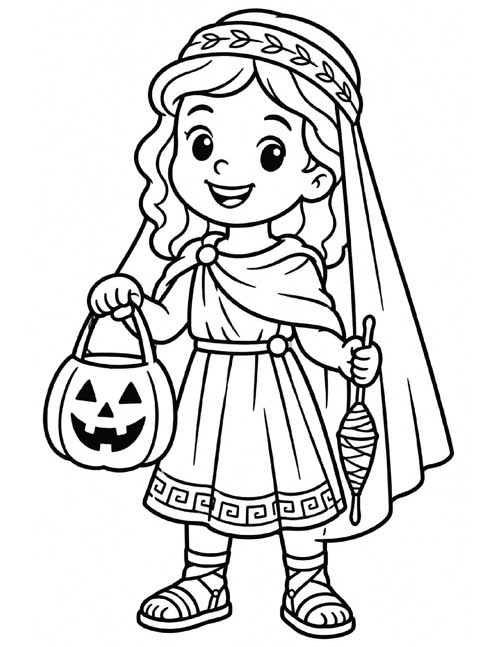 Coloring page of a trick or treater dressed as Penelope