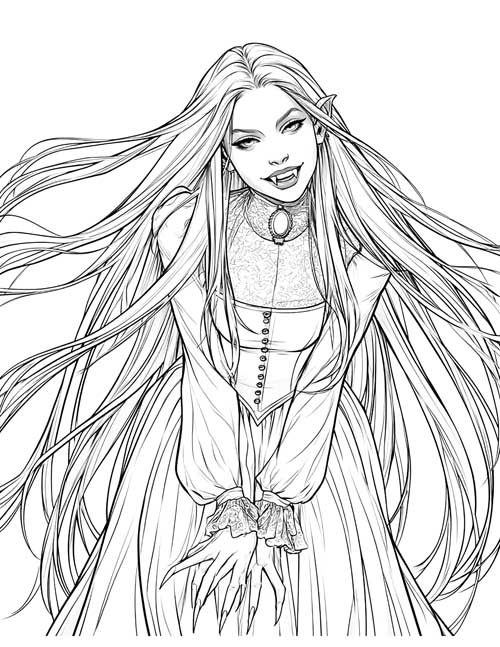 detailed coloring page of a Victorian vampire girl with long flowing hair and a lace collar