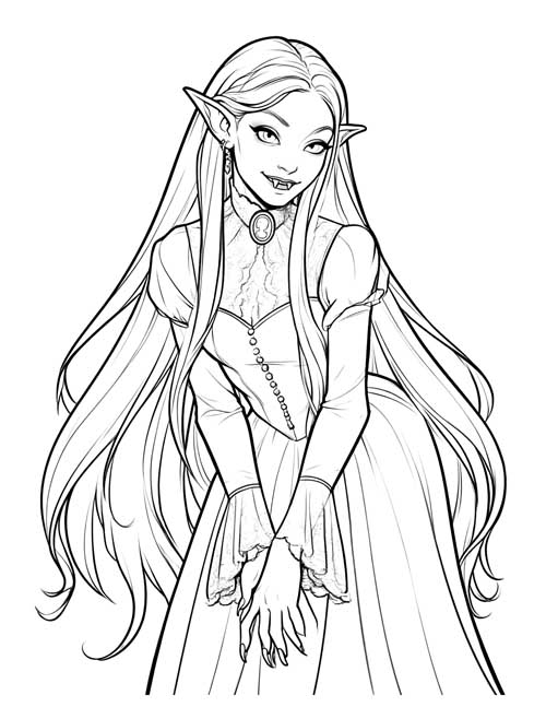 coloring page of a vampire girl grinning with her head tilted and her hands clasped