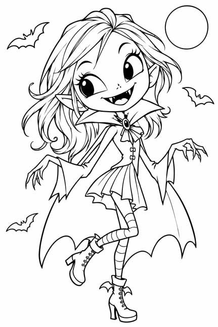 cute coloring page of a gothic vampire girl