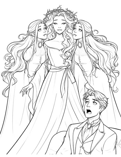 coloring page of three vampire girls leaning over a startled young man in a Victorian suit
