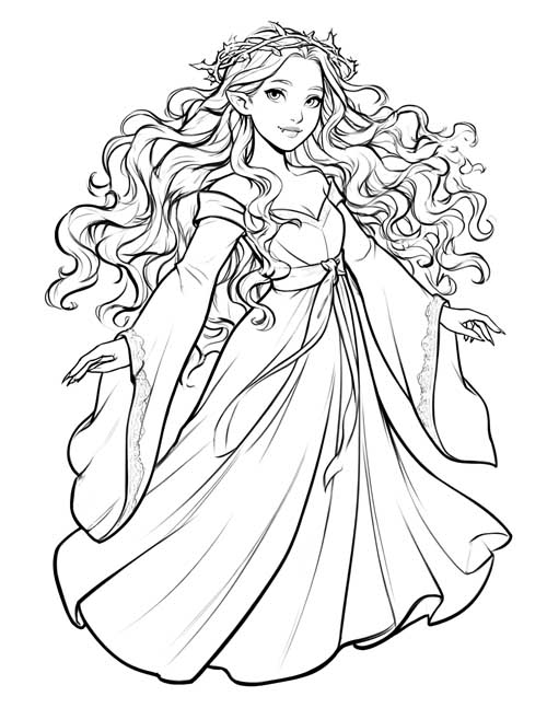 coloring page of a vampire girl with long ringlets gliding forward with one hand reaching out