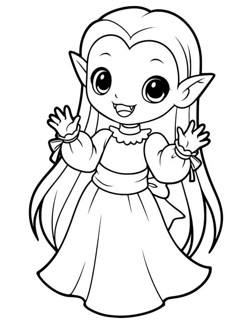 preschool coloring page of a little vampire girl waving with both hands