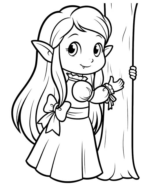preschool coloring page of a little vampire girl peeking out from behind a tree