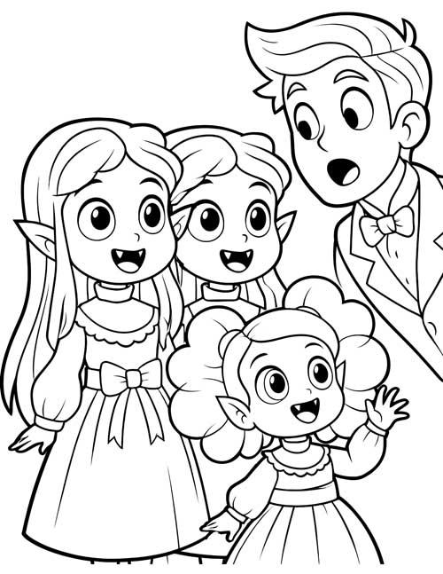 preschool coloring page of three little vampire girls waving at a wide-eyed young man in a bow tie