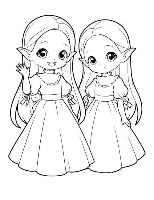 preschool coloring page of two little vampire twin girls, one waving and one standing quietly