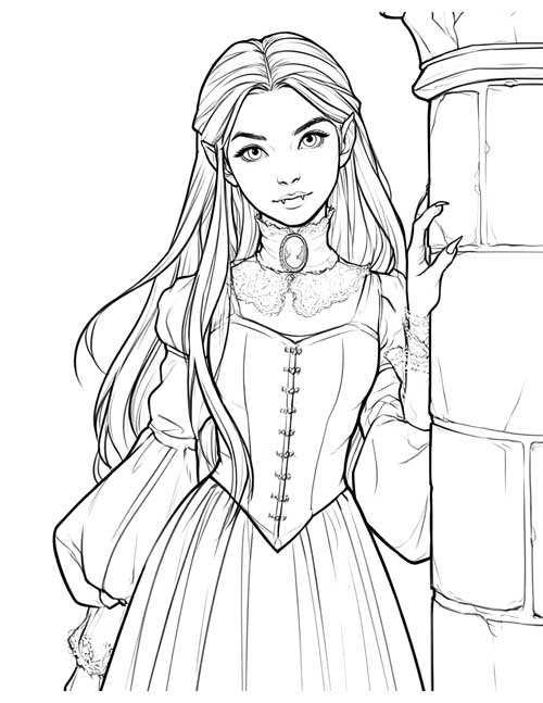coloring page of a vampire girl half hidden behind a stone pillar with one eye peeking out