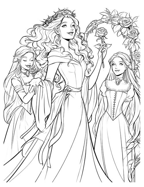 coloring page of three vampire girls in an overgrown rose garden at night, one holding a single rose
