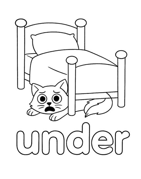 Simple vocabulary coloring page of a cute cat under a bed