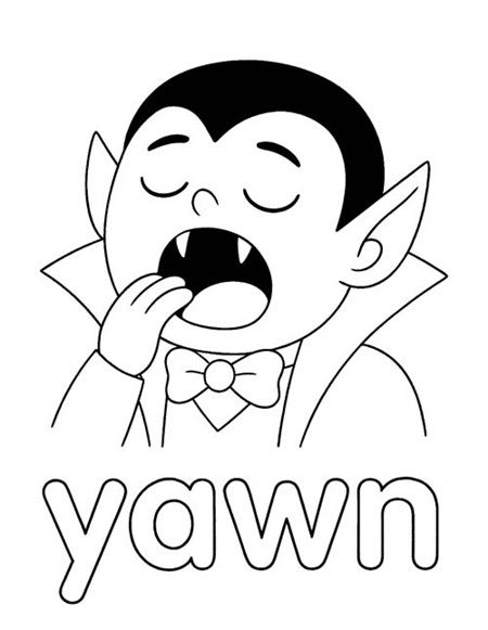 simple vocabulary word coloring page of a cute vampire yawning