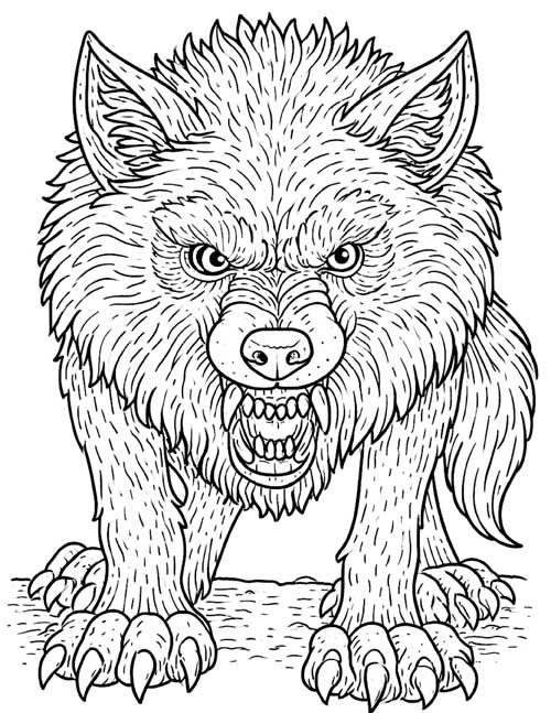 ink sketch coloring page of a snarling werewolf stalking
