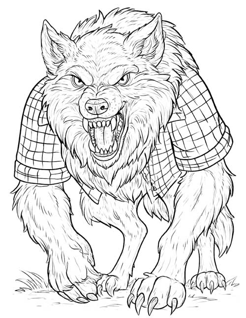 realistic ink sketch, coloring page of a werewolf with a shirt