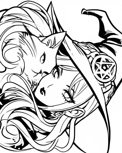 witch and her cat coloring page with bold lines