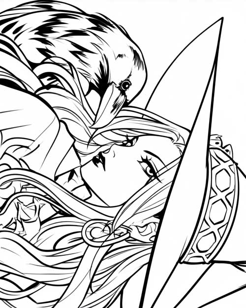 witch and her crow coloring page with bold lines