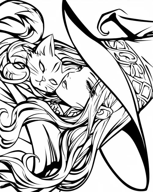 witch and her kitten coloring page with bold lines