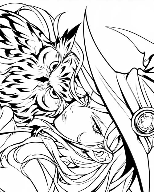 witch and her owl coloring page with bold lines