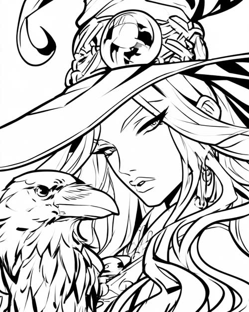 witch and her raven coloring page with bold lines