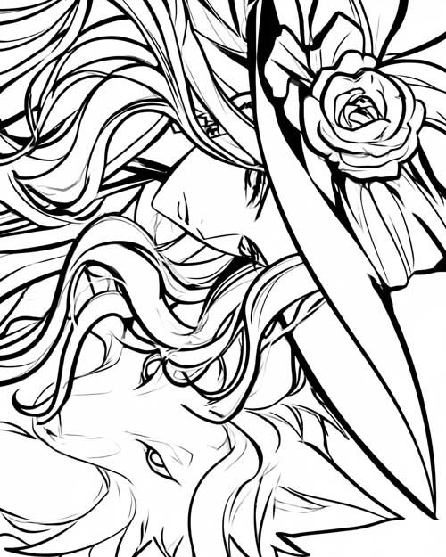 witch and her wolf coloring page with bold lines