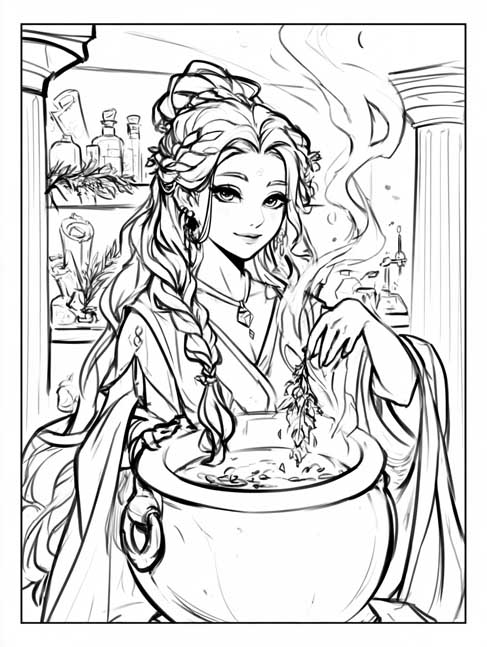Coloring page of Agamede dropping herbs into a steaming cauldron