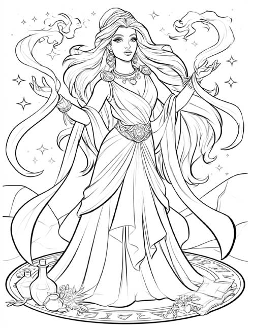 Coloring page of Aglaonice standing in a magic circle under the stars