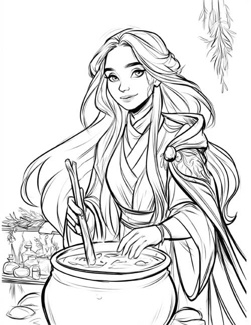 Coloring page of Biddy Early stirring a cauldron of herbal remedies