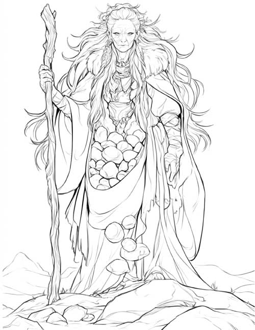 Coloring page of the Cailleach, the winter hag