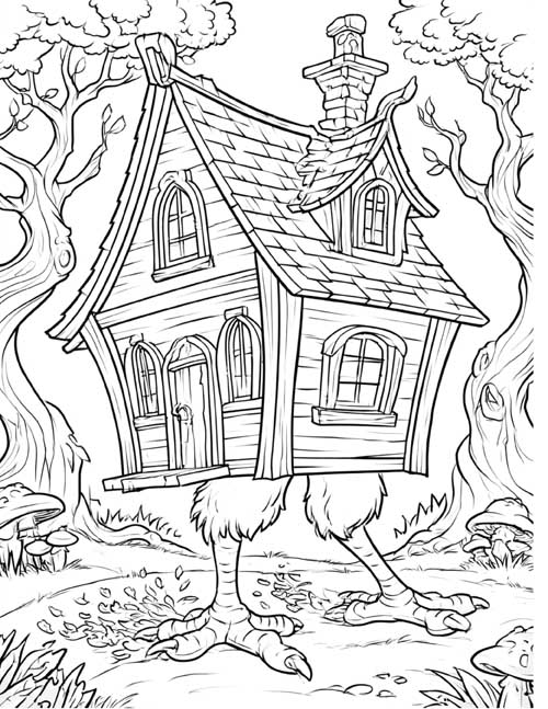 Cartoon coloring page of Baba Yaga's hut