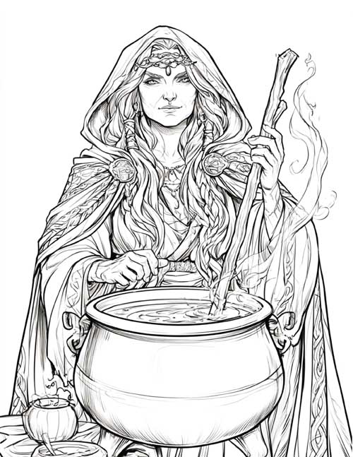 Coloring page of Ceridwen and her cauldron