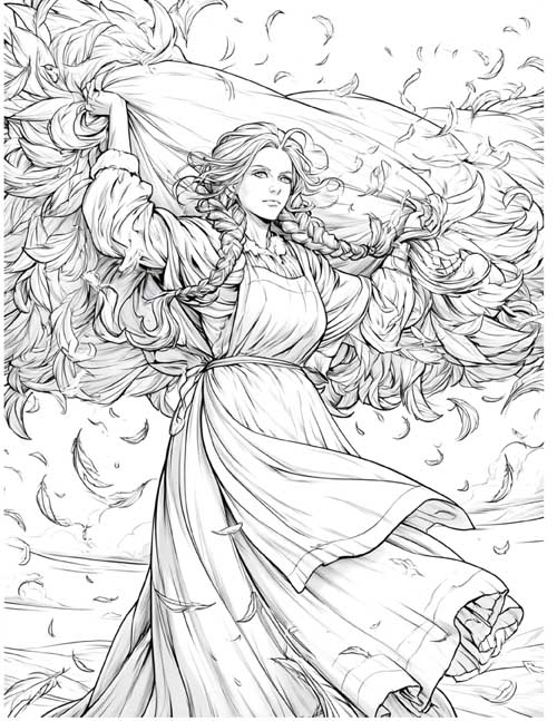 Coloring page of Frau Holle shaking out her featherbed