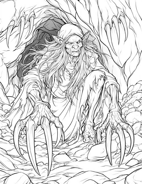 Coloring page of Grendel's mother crouching in her cave with long claws
