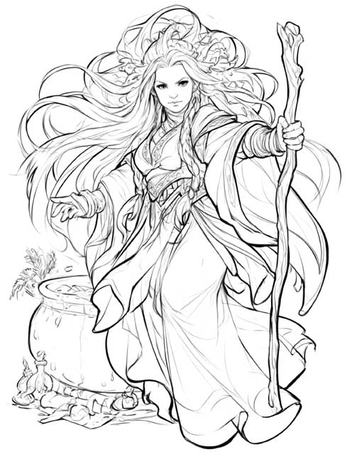 Coloring page of Huld the Norse witch holding out her staff beside a cauldron