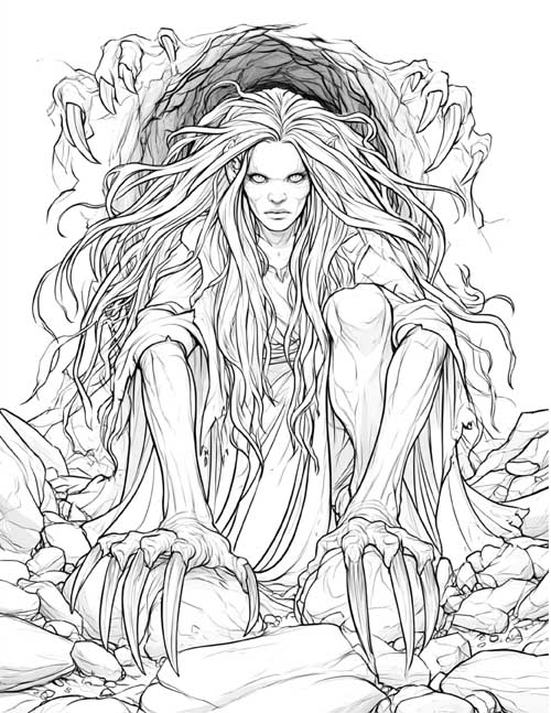 Coloring page of Black Annis with scary claws