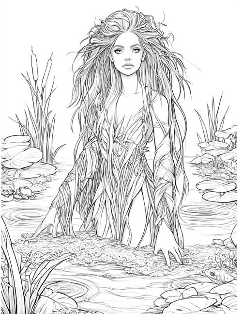 Coloring page of Peg Powler standing in a duckweed-covered river