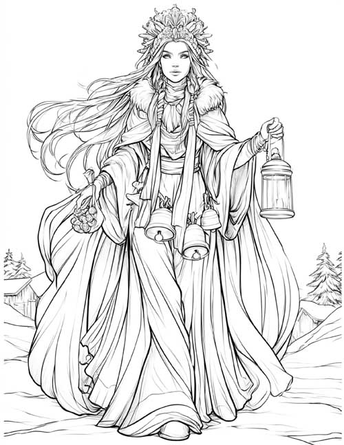 Coloring page of Perchta, the Alpine winter witch