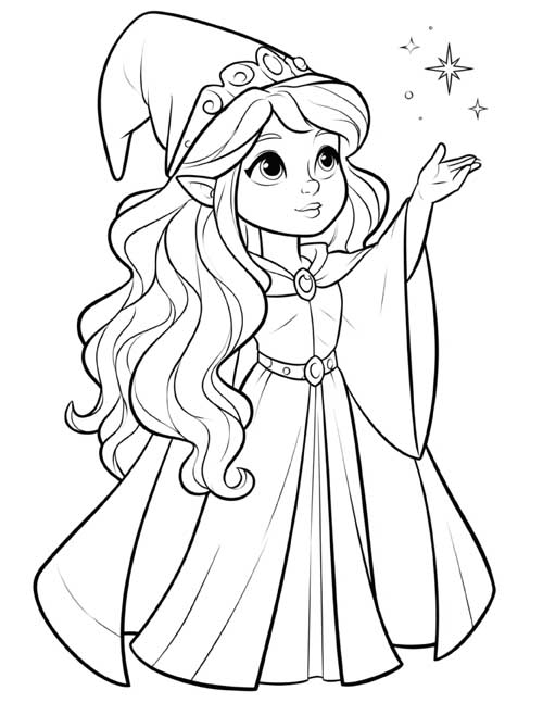 Preschool coloring page of a sorceress