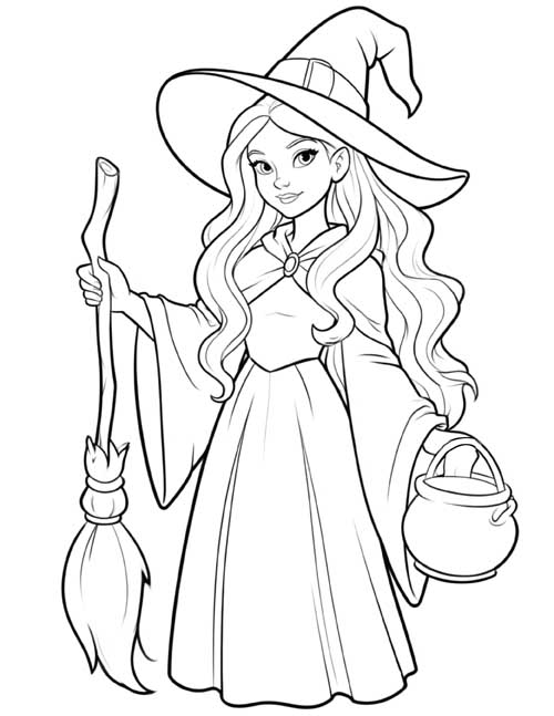 Preschool coloring page of a witch