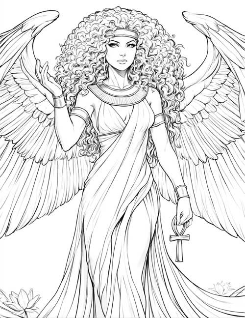 realistic coloring page of Isis with long, tight curly hair