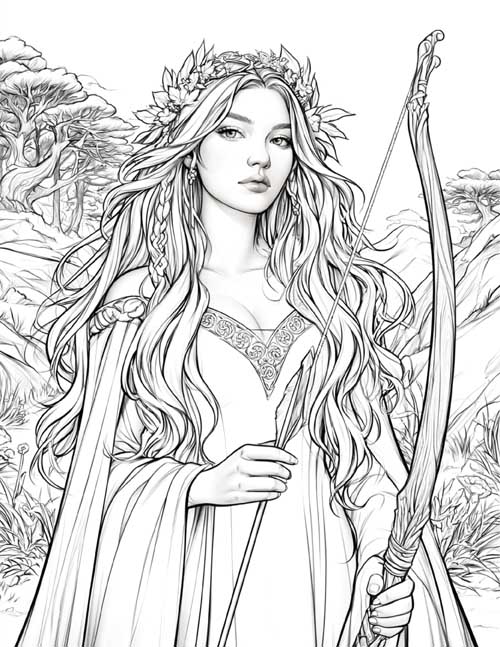 Coloring page of Gullveig, the Norse witch who was burned and reborn