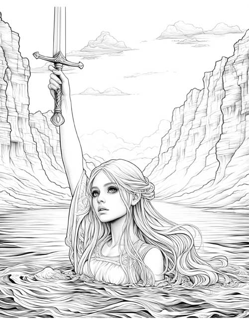 Coloring page of Nimue, the Lady of the Lake rising from the lake with the sword, Excalibur