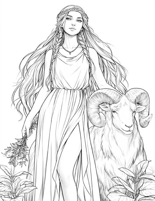 realistic, moody coloring page of Medea, the Greek sorceress and a ram