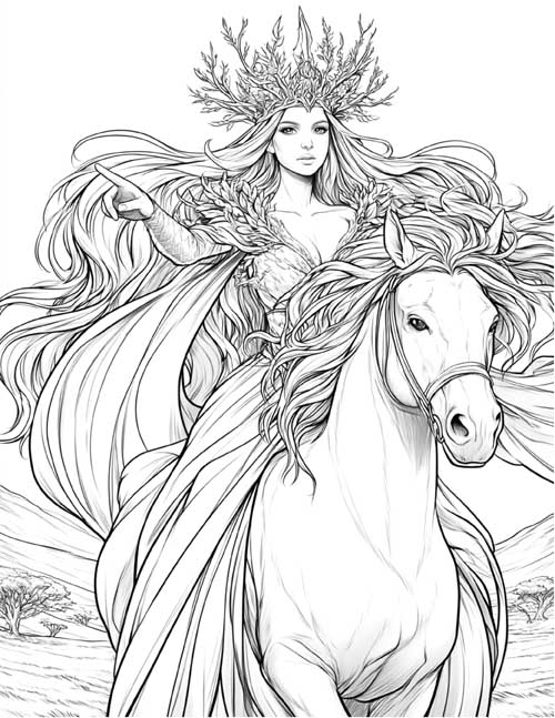 Coloring page of Nicnevin, the Scottish witch queen