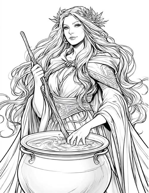 realistic coloring page of a beautiful witch stirring a cauldron