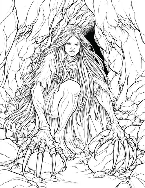 Coloring page of a young Black Annis, the blue-faced hag of Leicestershire outside her cave