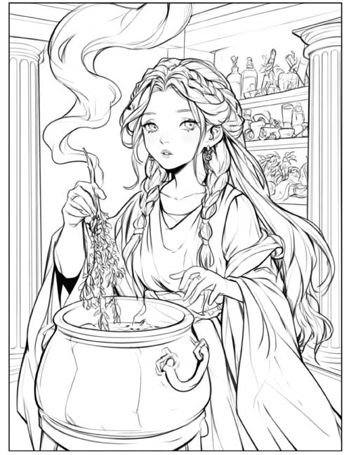 Coloring page of Simaetha dropping herbs into a smoking cauldron