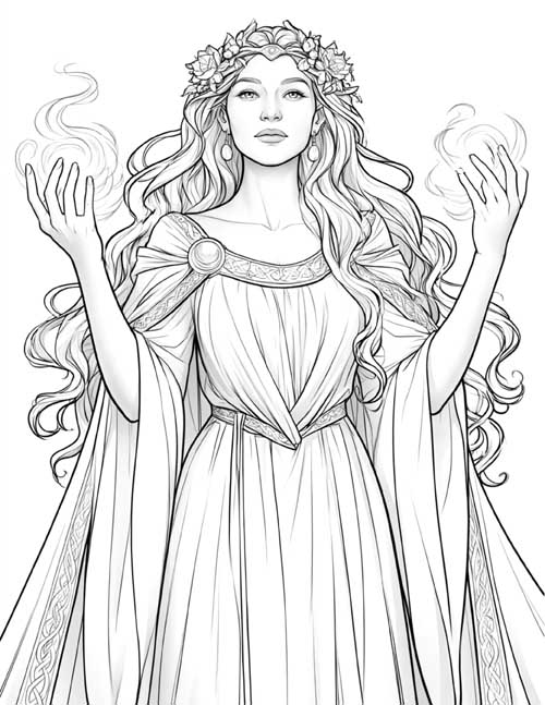realistic, moody coloring page of a sorceress casting a spell