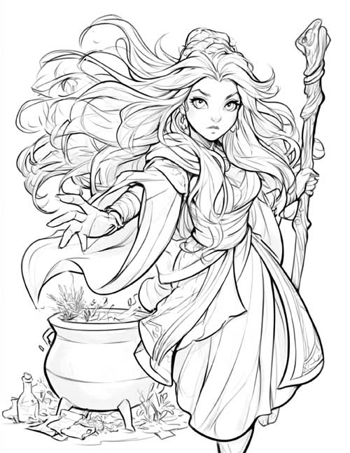 Coloring page of Thorbjörg the seeress reaching out a hand beside her cauldron, holding her staff