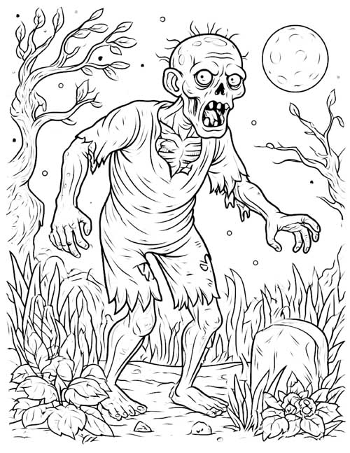 detailed coloring page of a boy zombie in a swamp