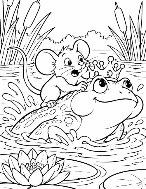 classic coloring page of crumb snatcher riding the frog king through the water