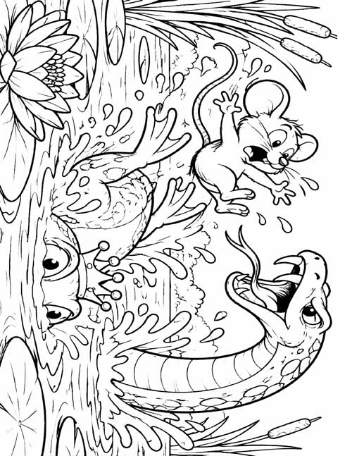 classic coloring page of crumb snatcher riding the frog king through the water